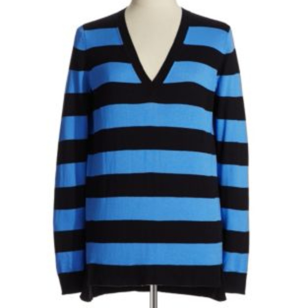 MICHAEL KORS L/S Blue & Navy Striped Oversized V-Neck Hi/Low Hem Sweater